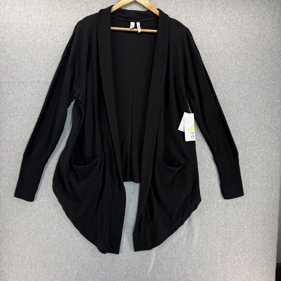 Z By Zella Size Large Black Open Front‎ Cardigan Pockets Ribbed Knit Long Sleeve - Picture 1 of 13